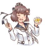  ;d black_sailor_collar blush bowl brown_eyes brown_hair cherry_blossoms dress eyebrows_visible_through_hair flower food food_request grey_neckwear hair_flower hair_ornament holding holding_bowl holding_food holding_spoon kantai_collection karasu_(naoshow357) one_eye_closed open_mouth remodel_(kantai_collection) sailor_collar sailor_dress short_hair simple_background smile speaking_tube_headset spoon upper_body white_background yukikaze_(kantai_collection) 