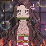  1990s_(style) 1girl bit_gag black_hair bow bright_pupils checkered_obi gag hair_bow haori highres indoors japanese_clothes jeyrablue kamado_nezuko kimetsu_no_yaiba kimono long_hair looking_at_viewer multicolored_hair obi pink_bow pink_eyes pink_kimono red_hair retro_artstyle sash solo upper_body white_pupils 