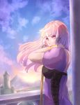  1girl bangs blue_sky closed_mouth day dress eyebrows_visible_through_hair fire_emblem fire_emblem:_three_houses floating_hair hand_in_hair highres long_hair long_sleeves looking_at_viewer looking_back lysithea_von_ordelia mountainous_horizon outdoors purple_dress red_eyes riou_(pooh920) shiny shiny_hair shoulder_blades silver_hair sky solo very_long_hair 