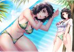  1girl :d against_tree bent_over bikini black_hair breasts brown_eyes closed_mouth groin highres kawakami_sadayo large_breasts looking_at_viewer midriff navel open_mouth palm_tree persona persona_5 print_shirt shiny shiny_hair shirt short_hair sideboob smile standing stomach striped striped_bikini summer swimsuit t-shirt tied_shirt tree underboob white_shirt yaoto 