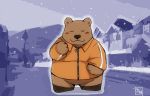  2016 anthro blush bottomless brown_body brown_fur clothed clothing coat detailed_background eyes_closed featureless_crotch fur kemono male mammal outside overweight overweight_anthro overweight_male politics_bear_(undertale) smile snow snow_utamaru solo standing text topwear undertale ursid video_games 