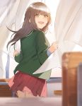  1girl :d absurdres blurry_foreground brown_eyes brown_hair classroom curtains desk green_shirt highres leglet4 long_hair long_sleeves open_mouth original red_skirt school_desk school_uniform shirt skirt smile solo standing window 