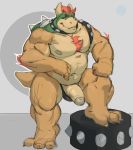  2020 3_toes absurd_res anthro armband bowser chest_tuft collar foreskin full-length_portrait genitals hair hi_res horn humanoid_genitalia humanoid_penis koopa male mario_bros musclegut muscular_arms muscular_legs nintendo nipples partially_retracted_foreskin penis portrait red_hair scalie shell simple_background solo spiked_armband spiked_collar spiked_shell spikes spikes_(anatomy) tan_body toes tuft uncut video_games vincethetiger 