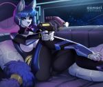  2020 5_fingers anthro aomori blue_eyes blue_hair breasts canid canine clothed clothing detailed_background digital_media_(artwork) female fingers hair holding_object holding_weapon krystal mammal nintendo sitting solo star_fox video_games weapon 