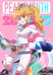  1girl bandana biker_clothes biker_peach bikesuit blonde_hair blue_eyes bodysuit breasts closed_mouth crown earrings gloves highres holding jewelry large_breasts leaning long_hair looking_at_viewer map mario_(series) mario_kart mario_kart_world motor_vehicle motorcycle official_alternate_costume pink_bandana pink_bodysuit pink_gloves pink_scarf ponytail princess_peach saiwo_(saiwoproject) scarf smile solo sphere_earrings 