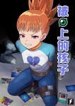  1girl belt blue_pants breasts brown_belt closed_mouth covered_nipples digimon digimon_card_game digimon_tamers highres looking_at_viewer makino_ruki medium_breasts orange_hair pants ponytail purple_eyes shirt solo teng_zhai_zi white_shirt 