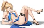  1girl alcohol bare_shoulders blonde_hair blue_dress blush braid breasts champagne champagne_flute crossed_legs cup dress drinking_glass fate/apocrypha fate_(series) green_eyes high_heel_sandals high_heels high_ponytail highres legs long_hair looking_at_viewer lying mordred_(fate) on_back parted_bangs ponytail sandals sidelocks small_breasts solo strappy_heels thighs tonee 