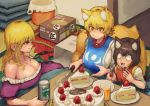  3girls :3 :d absurdres animal_ear_fluff animal_ears bangs bare_shoulders blonde_hair blush box breasts brown_eyes brown_hair cake can cat_ears cat_tail chanta_(ayatakaoisii) chen cleavage cup dress drinking_glass eyebrows_visible_through_hair food fork fox_ears highres holding holding_fork holding_knife huge_filesize indoors knife large_breasts long_hair looking_at_another merry_christmas multiple_girls multiple_tails nekomata no_hat no_headwear off-shoulder_dress off_shoulder open_mouth plate puffy_short_sleeves puffy_sleeves purple_dress red_eyes red_vest short_hair short_sleeves slit_pupils smile strawberry_shortcake tabard tail tatami touhou two_tails upper_body vest white_dress yakumo_ran yakumo_yukari 