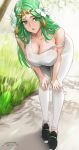  1girl alternate_costume bare_shoulders breasts cleavage fire_emblem fire_emblem:_three_houses fire_emblem_heroes green_eyes green_hair highres large_breasts long_hair looking_at_viewer open_mouth outdoors rhea_(fire_emblem) sendrawz solo standing sweat 