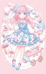 1girl :o bag balloon blue_bow blue_bowtie blue_dress blue_eyes blue_shoes blunt_bangs blush bow bow_legwear bow_skirt bowtie box braid buttons cake cake_slice candy center_frills chin_strap commentary_request commission cup dot_nose dress floating_hair floral_print flower food frilled_bow frilled_dress frills full_body gift gift_box hair_bow headdress heart heart-shaped_food heart-shaped_lollipop heart_balloon highres holding holding_balloon hoshifuru_akiyo jar lollipop long_hair long_sleeves mary_janes original pinafore_dress pink_background pink_bow pink_flower pink_hair puffy_long_sleeves puffy_sleeves saucer serving_cart shaped_lollipop shirt shoes sidelocks single_braid skeb_commission skirt sleeve_bow sleeveless sleeveless_dress socks solo strawberry_shortcake teacup teapot tulip twitter_username watermark white_bow white_shirt white_socks 