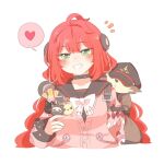 1girl alice_thymefield black_choker black_sailor_collar blush bow bowtie braid choker commentary_request cropped_torso double-parted_bangs green_eyes grin heart kama_(zenless_zone_zero) komano_manato long_hair long_sleeves looking_at_viewer pink_sweater rebecca_(keinelove) red_hair sailor_collar simple_background smile spoken_heart sweater twin_braids ukinami_yuzuha white_background white_bow white_bowtie zenless_zone_zero 