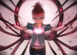  1girl beleven blue_pants broken_heart_print brown_pants digimon digimon_(creature) digimon_tamers highres looking_at_viewer makino_ruki medium_hair open_mouth orange_hair pants parasimon ponytail purple_eyes shirt solo white_shirt 
