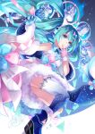  1girl aqua_eyes aqua_hair asymmetrical_gloves asymmetrical_legwear bell blue_bow blue_bowtie blue_gloves blue_thighhighs bow bowtie closed_mouth collared_dress detached_sleeves dress fur-trimmed_dress fur_trim gloves hair_between_eyes hair_ornament hatsune_miku highres holding holding_bell long_sleeves magical_mirai_(vocaloid) magical_mirai_miku magical_mirai_miku_(2020_winter) mismatched_gloves official_alternate_costume official_alternate_hairstyle pink_bow pink_bowtie pink_gloves signature sleeveless sleeveless_dress smile solo thighhighs twintails tyouya vocaloid wide_sleeves 