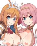  2girls :q ahoge blue_eyes blush braid breasts breasts_outside closed_mouth commentary_request eyebrows_visible_through_hair fingernails gloves hairband hands_on_own_breasts k-y large_breasts long_hair looking_at_viewer multiple_girls nipples orange_hair pecorine_(princess_connect!) pink_hair princess_connect! princess_connect!_re:dive short_hair simple_background single_braid smile tiara tongue tongue_out upper_body white_background white_gloves yui_(princess_connect!) 