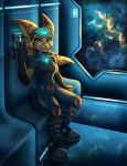  2020 angela_cross anthro belt blue_eyes breasts brown_nose clothing ear_markings facial_markings female fur galaxy glowing gun hair hat head_markings headgear headwear holding_object holding_weapon lombax mammal markings ponytail ranged_weapon ratchet_and_clank smile solo sony_corporation sony_interactive_entertainment sootsprite standing suit video_games weapon yellow_body yellow_fur 