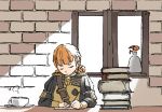  1girl annette_fantine_dominic bangs book book_stack brick_wall closed_eyes closed_mouth cup epaulettes fire_emblem fire_emblem:_three_houses flower garreg_mach_monastery_uniform hair_rings indoors left-handed long_sleeves nishikuromori orange_flower orange_hair paper saucer short_hair solo uniform vase window writing 