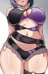  1girl arm_strap arms_behind_back ass_visible_through_thighs asymmetrical_one-piece_swimsuit black_hair black_one-piece_swimsuit breasts casual_one-piece_swimsuit cleavage_cutout clothing_cutout commentary frilled_one-piece_swimsuit frills grey_hair highres hololive hololive_english holonatsu_paradise large_breasts medium_hair multicolored_hair navel o-ring o-ring_thigh_strap official_alternate_costume one-piece_swimsuit purple_one-piece_swimsuit shiori_novella shiori_novella_(holonatsu_paradise) simple_background solo split-color_hair swimsuit thick_thighs thigh_gap thigh_strap thighs tongue tongue_out two-tone_hair two-tone_one-piece_swimsuit virtual_youtuber white_background zeropen 
