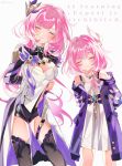  2girls black_shorts breasts cleavage_cutout clothing_cutout coat color_connection commentary_request company_connection corset cyrene_(honkai:_star_rail) dress elysia_(honkai_impact) elysia_(miss_pink_elf)_(honkai_impact) gg_suyari hair_color_connection hair_ornament highres honkai:_star_rail honkai_(series) honkai_impact_3rd inoue_marina large_breasts long_hair multicolored_hair multiple_girls neck purple_coat short_hair short_shorts shorts shrug_(clothing) simple_background small_breasts smile thighs two-tone_hair very_long_hair voice_actor_connection white_background white_corset white_dress white_hair yanning 