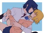  1boy 1girl alternate_costume athrun_zala black_socks blonde_hair blue_background blue_bow blue_bowtie blue_hair blue_skirt blush border bow bowtie cagalli_yula_athha cardigan closed_mouth collared_shirt couple dress_shirt eye_contact green_eyes grey_shirt gundam gundam_seed hetero highres holding_hands kimi88407604 kneehighs long_sleeves looking_at_another miniskirt necktie open_cardigan open_clothes orange_eyes outside_border pink_cardigan pleated_skirt purple_necktie school_uniform shirt short_hair sketch skirt socks white_border wing_collar 