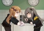  2girls :3 absurdres armband bangs black_bow black_jacket black_legwear black_skirt blush bow brown_hair chicken_(food) clenched_teeth closed_mouth commentary_request dokomon eyebrows_visible_through_hair food from_side frozen girls_frontline grey_hair hair_between_eyes hair_bow hair_ornament hairclip highres holding holding_food hood hood_down hooded_jacket indoors jacket korean_commentary leaning_forward long_hair long_sleeves microwave multiple_girls one_side_up open_clothes open_jacket pantyhose pleated_skirt red_hair scar scar_across_eye shirt skirt standing sweat teeth tile_wall tiles twintails ump45_(girls_frontline) ump9_(girls_frontline) very_long_hair white_shirt yellow_eyes 