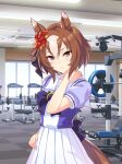  1girl absurdres animal_ears artist_request back_bow bare_arms black_ribbon blue_bow blue_bowtie blue_shirt bow bowtie breasts brooch brown_eyes brown_hair carpet ceiling_light checkered_floor closed_mouth collarbone cowboy_shot day dot_nose expressionless eyelashes frown game_cg gym hair_between_eyes hair_ribbon hand_on_own_hip hand_on_own_neck high-waist_skirt highres horse_ears horse_girl horse_tail horseshoe_ornament indoors jewelry light_blush looking_at_viewer multicolored_hair official_art pinwheel_hair_ornament puffy_short_sleeves puffy_sleeves ribbon sailor_collar school_uniform shadow shirt short_hair short_sleeves skirt sky small_breasts solo standing streaked_hair tail tracen_school_uniform treadmill tsurime two-tone_shirt umamusume weight white_sailor_collar white_shirt white_skirt white_sky window yaeno_muteki_(umamusume) 