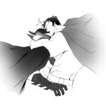  2boys ^^^ arm_around_neck batman batman_(series) cape closed_eyes commentary cowl cropped_legs dc_comics gloves greyscale hover_hand j_isforcake male_focus monochrome multiple_boys profile short_hair sideburns simple_background superman superman_(series) white_background yaoi 