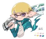  1boy aqua_jacket blonde_hair closed_mouth color_guide commentary decavitator_(splatoon) ear_piercing earrings highres holding holding_weapon inkling inkling_boy inkling_player_character jacket jewelry looking_at_viewer male_focus mhxbump multicolored_jacket piercing pointy_ears purple_eyes short_hair signature simple_background smile smirk solo splatoon_(series) splatoon_3 symbol-only_commentary tentacle_hair two-tone_jacket upper_body weapon white_background white_jacket 