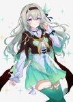  1girl absurdres aqua_skirt black_hairband black_jacket blush bow bowtie bridal_gauntlets closed_mouth commentary_request cropped_jacket firefly_(honkai:_star_rail) gold_trim green_thighhighs grey_hair hair_between_eyes hair_intakes hair_ornament hairband hand_up highres honkai:_star_rail honkai_(series) jacket long_hair long_sleeves looking_at_viewer meteor_tail28 multicolored_eyes neckerchief orange_neckerchief puffy_long_sleeves puffy_sleeves purple_eyes shirt simple_background single_bridal_gauntlet skirt smile solo sparkle sparkling_aura thighhighs white_background white_bow white_bowtie white_shirt 