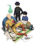  3boys :/ bag bag_of_chips bald bean_bag_chair belt black_belt black_eyes black_hair black_jacket black_pants blue_sweater blush_stickers book boots bowl_cut brothers buttons cable cape cellphone closed_mouth commentary controller creator_connection crossover crumbs cup drinking_glass drinking_straw ekubo_(mob_psycho_100) elbow_gloves eraser flip_phone gakuran game_controller gloves hair_between_eyes hand_on_own_hip high_collar highres jacket juice jumpsuit kageyama_ritsu kageyama_shigeo knee_up long_sleeves looking_at_another looking_at_object male_focus mob_psycho_100 multiple_boys namo_(mubulike) one-punch_man open_book open_mouth orange_juice pants parted_lips pencil phone poke_ball power_strip purple_lips red_boots red_gloves rug saitama_(one-punch_man) school_uniform short_hair siblings sideways_mouth sitting spirit standing superhero_costume sweatdrop sweater symbol-only_commentary white_background white_cape yellow_jumpsuit zipper zipper_pull_tab 