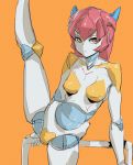  1girl afterimage animated blue_pupils bow_(bhp) breasts closed_mouth expressionless horns jitome joints looking_at_viewer medium_breasts orange_background orange_eyes original red_footwear red_hair robot robot_joints simple_background solo split standing standing_on_one_leg standing_split 