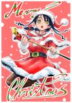  1girl :o absurdres belt black_hair boots bow braid breasts brown_pantyhose coat full_body golf_club green_green_greens hair_bow hat highres holding holding_golf_club long_hair low-tied_long_hair medium_breasts merry_christmas oga_nadeshiko pantyhose pink_background red_boots red_coat santa_hat solo terasaka_kento wristband yellow_eyes 