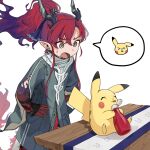  1boy absurdres arknights colored_extremities commentary_request earrings green_eyes grey_jacket hair_between_eyes hair_intakes hands_on_own_hips highres holding horns jacket jewelry ketchup ketchup_bottle long_hair male_focus multicolored_hair ootani_ikue open_mouth pikachu pointy_ears pokemon pokemon_(creature) ponytail purple_hair red_hair shoujo_l simple_background solo sweatdrop table two-tone_hair voice_actor_connection white_background wooden_table yu_(arknights) zipper 