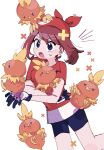  1girl bandana beak bike_shorts bike_shorts_under_shorts bird blue_eyes blush breasts brown_hair closed_eyes closed_mouth gloves highres may_(pokemon) open_mouth piyo_(toripoke710) pokemon pokemon_(creature) pokemon_rse red_bandana red_shirt shirt short_hair shorts shorts_under_shorts simple_background torchic white_background 