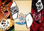  1girl 2girls baby brown_hair domain_expansion fantastic_four franklin_richards highres jean_grey jujutsu_kaisen marvel marvel_cinematic_universe marvel_rivals multiple_girls open_mouth portrait red_hair redblacktac scarlet_witch scene_reference screaming simple_background the_fantastic_four:_first_steps wanda_maximoff wide-eyed 