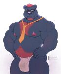 5:6 absurd_res anthro arm_hair artist_name belly_hair black_nose blue_body blue_fur body_hair bottomwear bulge chest_hair clothing eyewear facial_hair front_view fur glasses glistening glistening_eyes goatee hair hand_on_hip hi_res johnthelewd_art looking_at_viewer male male_anthro markings mouth_closed muscular muscular_anthro muscular_male narrowed_eyes necktie orange_necktie overweight overweight_anthro overweight_male patreon patreon_logo pink_bottomwear pink_clothing portrait rectangular_glasses red_eyes red_hair red_markings short_hair simple_background solo standing text three-quarter_portrait white_background x_logo