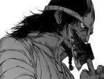  1boy ache55555 axe beard bjorn_(vinland_saga) black_hair braid braided_beard facial_hair greyscale hair_tie helmet holding holding_axe kissing_weapon male_focus mature_male medium_hair monochrome solo upper_body viking vinland_saga white_background 