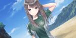  1girl arm_behind_head beach blue_reflection_(series) blue_reflection_sun blue_sky breasts brown_hair cloud day dutch_angle emblem game_cg green_shirt grey_eyes head_tilt highres kasuga_shiho kishida_mel looking_at_viewer medium_breasts mountain non-web_source official_art outdoors shirt sky solo swept_bangs t-shirt upper_body 