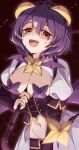  1girl ahoge bat_wings black_corset black_hair breasts brooch corset cross-shaped_pupils fangs highres holding holding_riding_crop ice_cream_(aisu_aisu_9898) jewelry looking_at_viewer low_wings magia_baiser magical_girl mahou_shoujo_ni_akogarete mark_under_both_eyes navel open_mouth riding_crop short_hair shrug_(clothing) small_breasts sweat symbol-shaped_pupils teeth tongue white_shrug wings yellow_eyes 