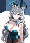  1girl absurdres alternate_costume animal_ear_fluff animal_ear_hairband animal_ears black_pantyhose blue_archive blue_bow blue_bowtie blue_hairband blue_halo blue_leotard blush bow bowtie breasts broken_halo cleavage closed_mouth detached_collar extra_ears fake_animal_ears gubee hair_behind_ear hair_between_eyes hairband halo highres large_breasts leotard long_hair looking_at_viewer pantyhose rabbit_ear_hairband rabbit_ears shiroko_(blue_archive) shiroko_terror_(blue_archive) solo strapless strapless_leotard wolf_ears wolf_girl wrist_cuffs 