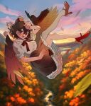  1girl ;d animal_on_arm bird bird_on_arm black_hair black_skirt black_wings blue_sky blush bow cloud collared_shirt commentary crow falling_leaves feathered_wings forest gradient_sky hat high_heels leaf legs_up looking_at_viewer nature one_eye_closed open_mouth orange_sky outdoors pom_pom_(clothes) puffy_short_sleeves puffy_sleeves red_bow red_eyes red_hat red_shoes shameimaru_aya shirt shoes short_hair short_sleeves skirt sky smile solo sunset tamagogayu1998 tokin_hat touhou twilight white_shirt wings 