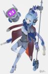  1girl absurdres android blue_cape blue_eyes blue_hair cape full_body genshin_impact grey_background highres holding holding_polearm holding_weapon ineffa_(genshin_impact) joints looking_at_viewer medium_hair polearm red_cape robot robot_ears robot_girl robot_joints sidelocks simple_background solo standing standing_on_one_leg two-sided_cape two-sided_fabric weapon zeroartwo 