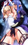  arms_up artoria_pendragon_(fate) blonde_hair blue_bow blush bound bound_arms bow clenched_teeth commission dress fate/stay_night fate_(series) fingering gloves grabbing_another&#039;s_breast grabbing_from_behind green_eyes groping hair_bow medea_(caster)_(fate) medea_(fate) pixiv_commission pointy_ears purple_hair pussy pussy_juice rape saber_(fate) tamamoice teeth yuri 