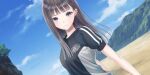 1girl beach black_hair blue_reflection_(series) blue_reflection_sun blue_shirt blue_sky blunt_ends breasts closed_mouth cloud day dutch_angle emblem game_cg grey_shirt highres kishida_mel large_breasts long_hair looking_at_viewer mountain non-web_source official_art outdoors purple_eyes shirt short_sleeves sky solo t-shirt two-tone_shirt upper_body xiao_meiqi 