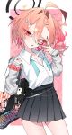  1girl absurdres ahoge bag black_halo black_skirt blue_archive blue_ribbon collared_shirt cowboy_shot dress_shirt flat_chest gyaru hair_ornament hairclip halo highres huge_ahoge looking_at_viewer mo2upoyo mole mole_under_eye neck_ribbon neru_(blue_archive) orange_hair pleated_skirt red_eyes red_scrunchie ribbon school_bag school_uniform scrunchie shirt short_hair skirt solo standing undone_neck_ribbon v v_over_eye white_shirt wing_collar wrist_scrunchie 