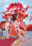 1girl armor black_bow blue_sky bodysuit boots bow breastplate breasts collar commentary day dian_zhi_sang hair_between_eyes hair_bow hairband highres holding holding_polearm holding_weapon long_hair looking_at_viewer lupa_(wuthering_waves) medium_breasts metal_collar metal_hairband multiple_hair_bows outdoors parted_lips pink_hair polearm red_pupils red_sash sash sky smile solo thigh_boots twintails weapon weapon_across_shoulders white_bodysuit white_boots wrist_guards wuthering_waves yellow_eyes 