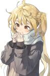  1girl ahoge blonde_hair blush bocchi_the_rock! brown_coat coat commentary_request hands_up highres ijichi_nijika korean_commentary long_hair long_sleeves open_mouth red_eyes scarf schu_1112 side_ponytail simple_background solo upper_body very_long_hair white_background white_scarf winter_clothes winter_coat 