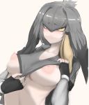  1girl alternate_breast_size bangs black_gloves black_hair breasts closed_mouth collarbone collared_shirt eyebrows_visible_through_hair fingerless_gloves furrowed_eyebrows gloves grey_hair grey_shirt hair_between_eyes hair_intakes highres kemono_friends large_breasts lifted_by_self long_hair long_sleeves looking_at_viewer multicolored_hair navel nipples open_clothes open_shirt orange_eyes orange_hair puffy_nipples shibori_kasu shiny shiny_hair shirt shoebill_(kemono_friends) short_over_long_sleeves short_sleeves sidelocks sketch solo sports_bra sports_bra_lift sports_bra_pull stomach upper_body 