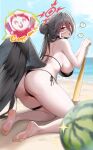  1girl ? @_@ absurdres ass barefoot baseball_bat beach bikini black_bikini black_choker black_hair black_wings blindfold blue_archive breasts choker commentary doodle_sensei_(blue_archive) feathered_wings feet food fruit hair_between_eyes hair_bun halo hasumi_(blue_archive) hasumi_(swimsuit)_(blue_archive) heavy_breathing highres holding holding_baseball_bat kneeling large_breasts long_hair long_hair_between_eyes low_wings open_mouth outdoors oxygen_mask_(oxygenmask233) raised_inner_eyebrows red_eyes red_halo sand sensei_(blue_archive) side-tie_bikini_bottom sideboob single_hair_bun soles speech_bubble spoken_question_mark sweat swimsuit tearing_up thigh_strap toes watermelon wings 