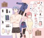  1boy 1girl bag bare_arms bare_shoulders black_male_underwear black_pantyhose black_shoes black_skirt black_socks blue_jacket bow bowtie breasts briefcase brown_shoes camisole cellphone cleavage collared_shirt cowboy_shot crossed_arms dated eyelash_curler grey_hair highres jacket krudears loafers male_underwear medium_breasts panties pantyhose pen phone pink_bag pink_hair pink_panties pleated_skirt protagonist_(tokimemo_gs3) purple_eyes red_bow red_bowtie red_eyes school_uniform shirt shitara_seiji shoes short_hair shoulder_bag skirt socks striped_bow striped_bowtie striped_clothes suit_jacket tokimeki_memorial tokimeki_memorial_girl&#039;s_side tokimeki_memorial_girl&#039;s_side_3rd_story topless_male underwear v_arms white_shirt white_socks yellow_camisole 