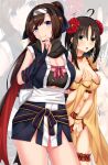 2girls ahoge black_hair black_scarf blue_bridal_gauntlets blue_eyes blue_kimono blurry blurry_background blush bow breasts bridal_gauntlets brown_hair cleavage clenched_hand closed_mouth collarbone commentary_request commission cosplay costume_switch covering_breasts covering_crotch covering_privates cowboy_shot curvy dress earrings embarrassed fate/grand_order fate_(series) flower flying_sweatdrops forehead_protector frilled_sleeves frilled_thigh_strap frills frown green_eyes hair_between_eyes hair_flower hair_ornament hand_up highres hitachi_mako hitachi_mako_(cosplay) hoop_earrings japanese_clothes jewelry kimono large_breasts long_hair long_scarf looking_at_viewer mata_hari_(fate) mata_hari_(fate)_(cosplay) medium_hair motion_lines multiple_girls navel ninja open_mouth pink_bow pinky_out ponytail red_flower red_scarf revealing_clothes sash scarf sebire senren_banka short_kimono short_sleeves sidelocks skeb_commission sleeveless sleeveless_kimono smile sparkle split_mouth straight_hair sweatdrop teeth thigh_strap two-sided_scarf upper_teeth_only white_sash wide_sleeves yellow_dress zoom_layer 